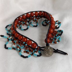 Woven Bracelet with Brown Jasper, Ruffling, Antique Button